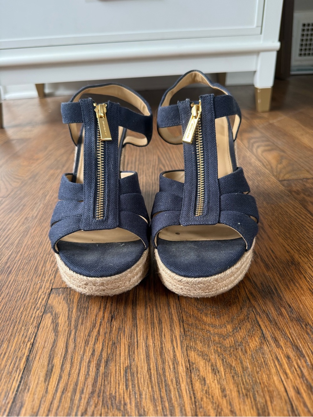 Navy wedge with gold functional zipper